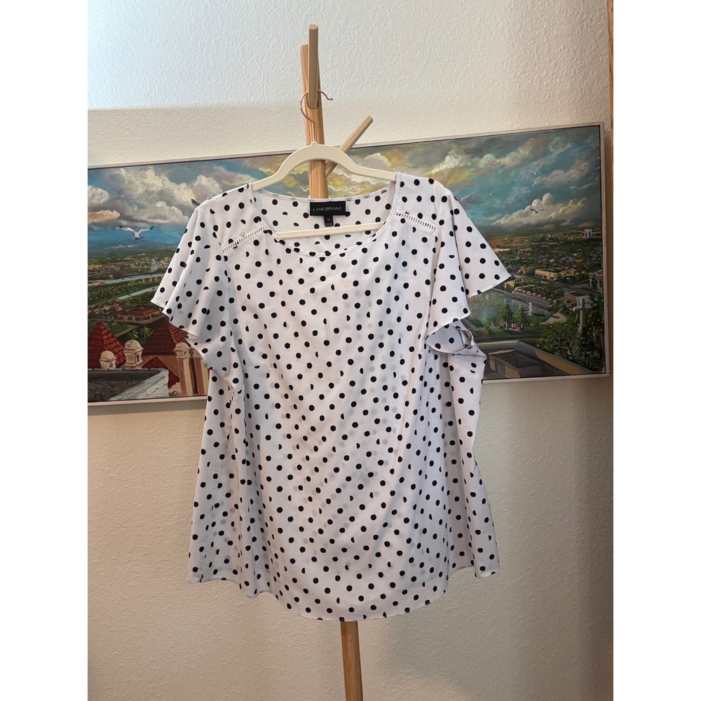Lane Bryant Blouse Womens 14 White Polka Dot Flutter Sleeve Lace Top